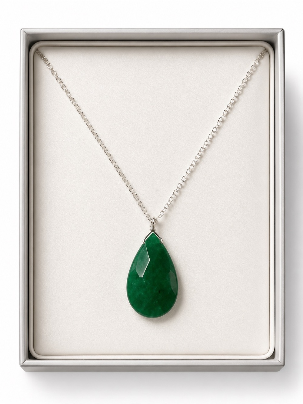 Emerald Green Gemstone Teardrop Pendant Necklace Handmade 16”